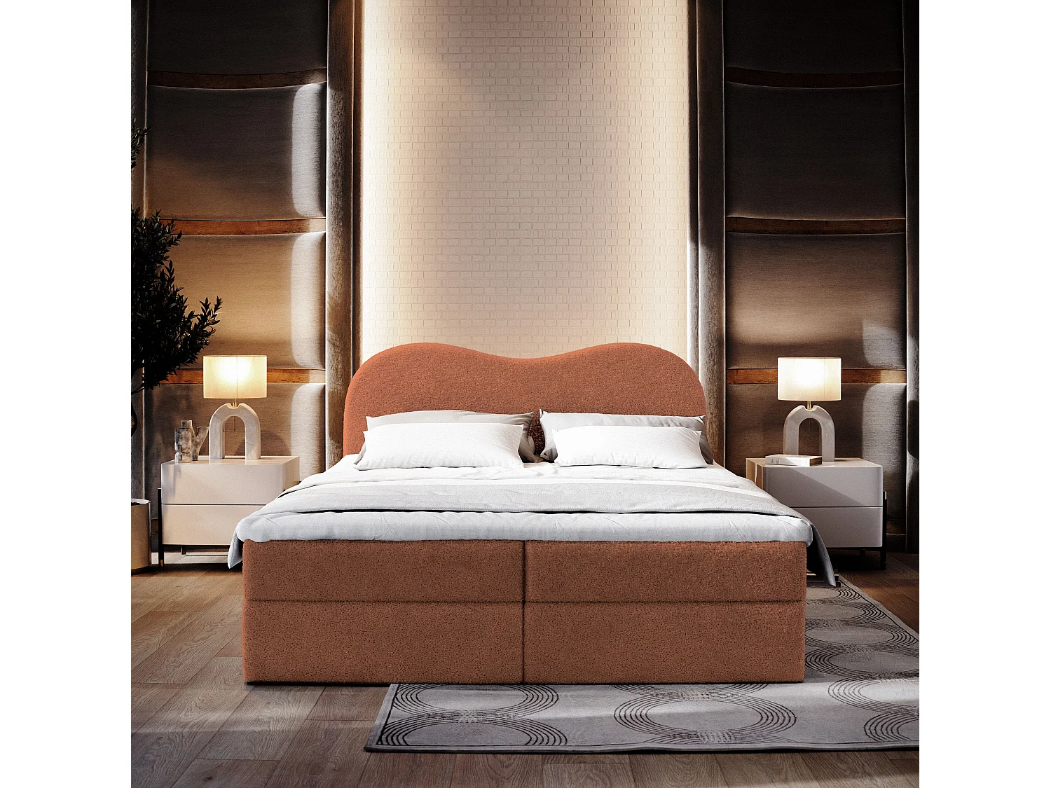 Boxspringbed FLUVIA 140x200 cm Set met hoofdbord, bedbodem en matras, Terracotta