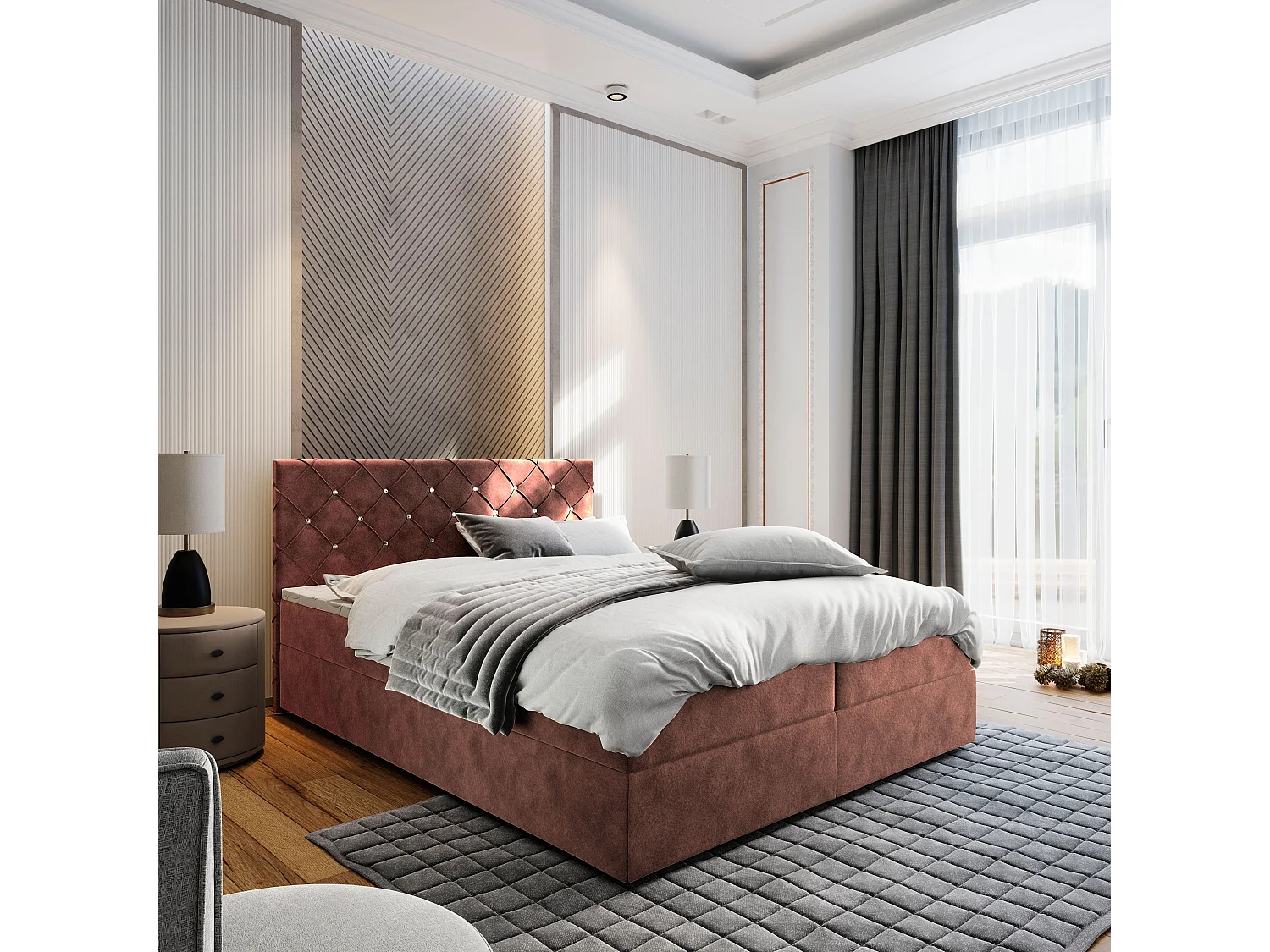 Boxspringbed RIVA 180x200 cm Set met hoofdbord, bedbodem en matras, Roze