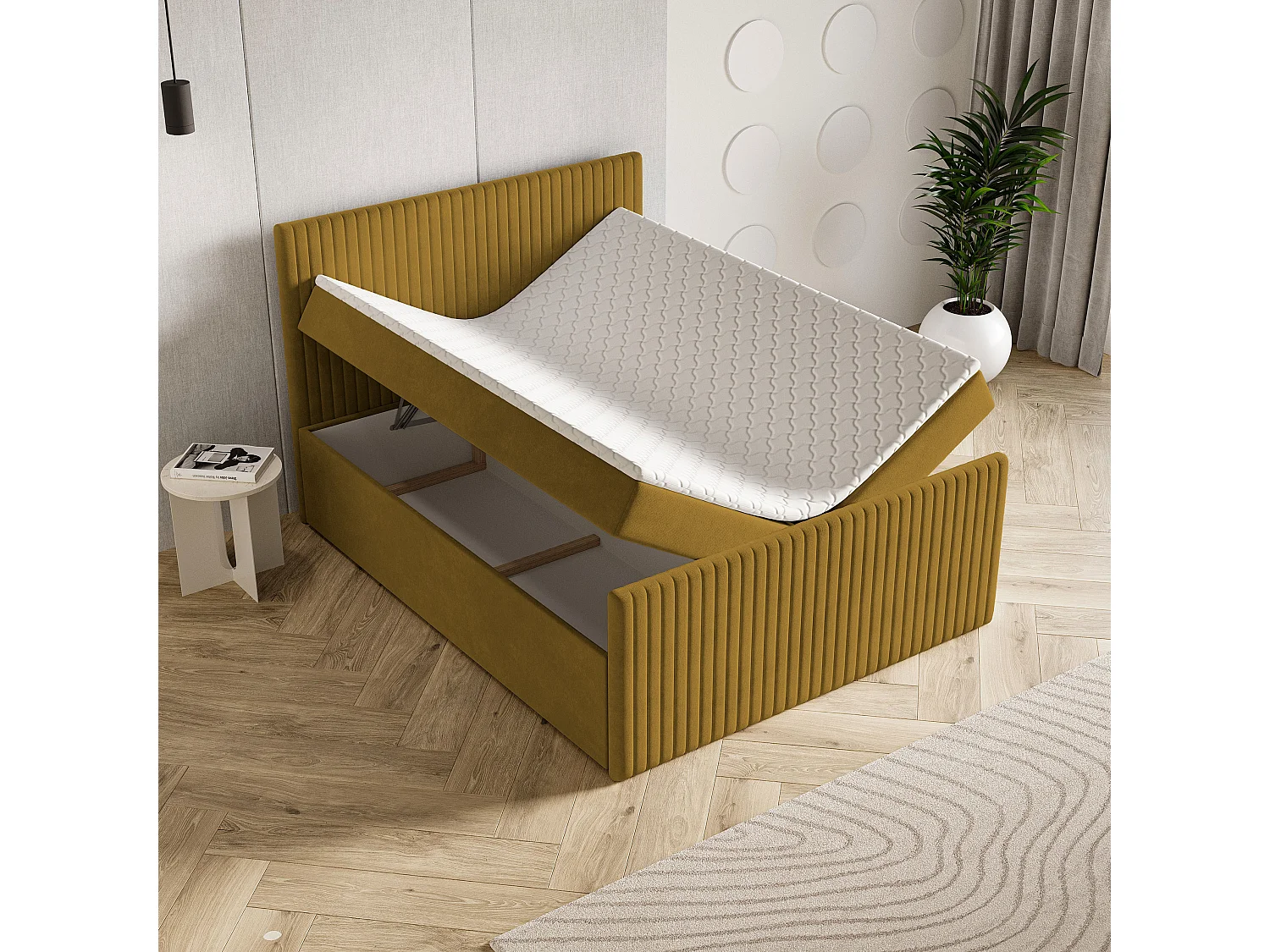 Lit continental TERVAN, 180x200 cm, Tissu pelucheux, Jaune