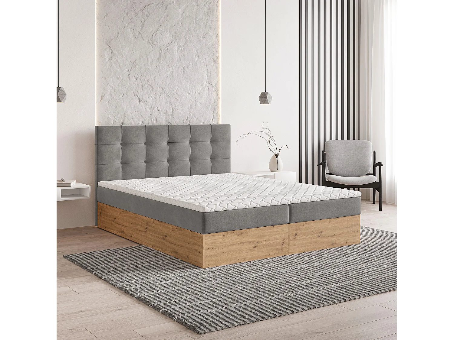 Lit continental MOLVEN, 180x200 cm, Tissu tressé, Gris