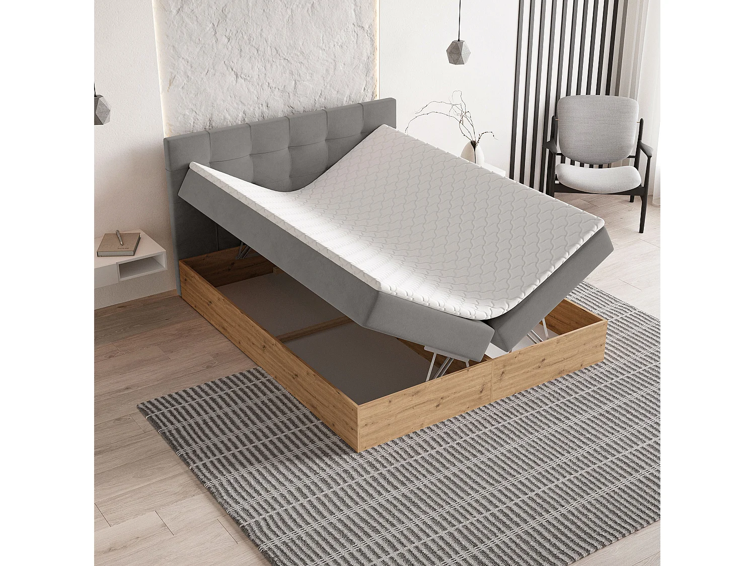 Lit continental MOLVEN, 180x200 cm, Tissu tressé, Gris