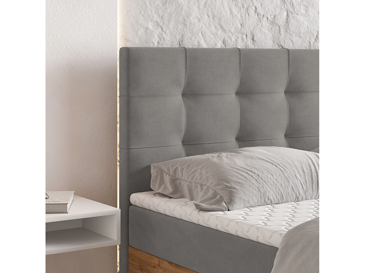 Lit continental MOLVEN, 180x200 cm, Tissu tressé, Gris