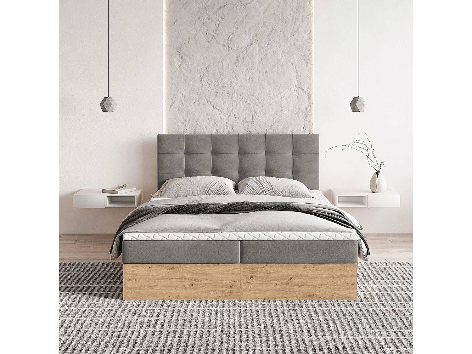 Lit continental MOLVEN, 180x200 cm, Tissu tressé, Gris