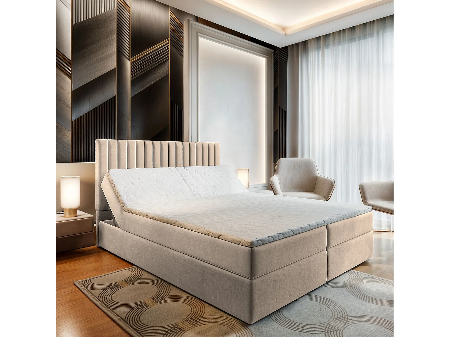 Lit continental MURLO, 180x200 cm, Tissu pelucheux, Beige