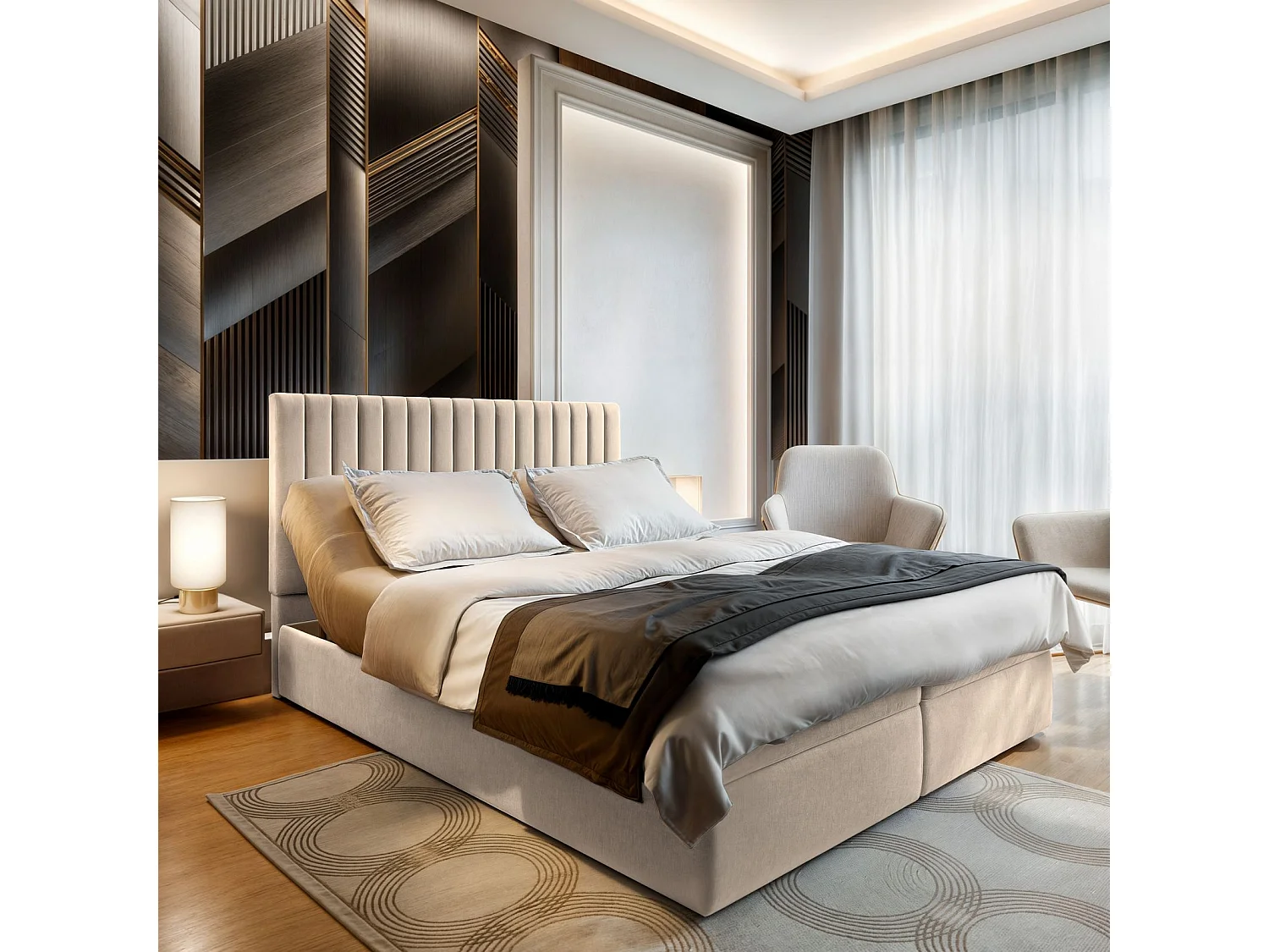 Lit continental MURLO, 180x200 cm, Tissu pelucheux, Beige