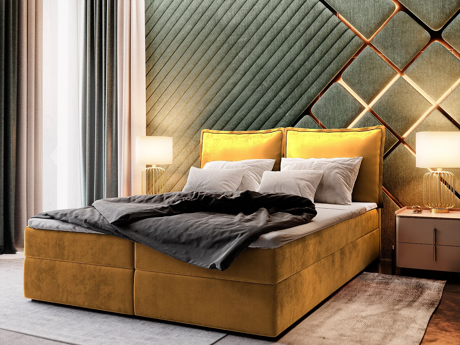Lit continental LENTE, 180x200 cm, Tissu velours, Jaune