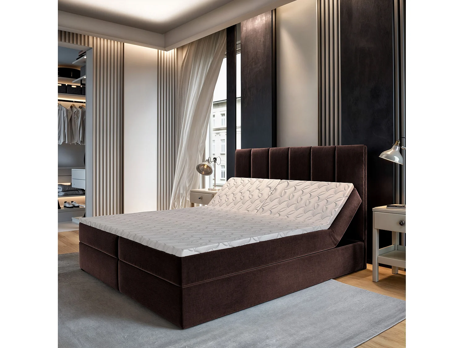 Lit continental BARINO, 180x200 cm, Tissu pelucheux, Marron