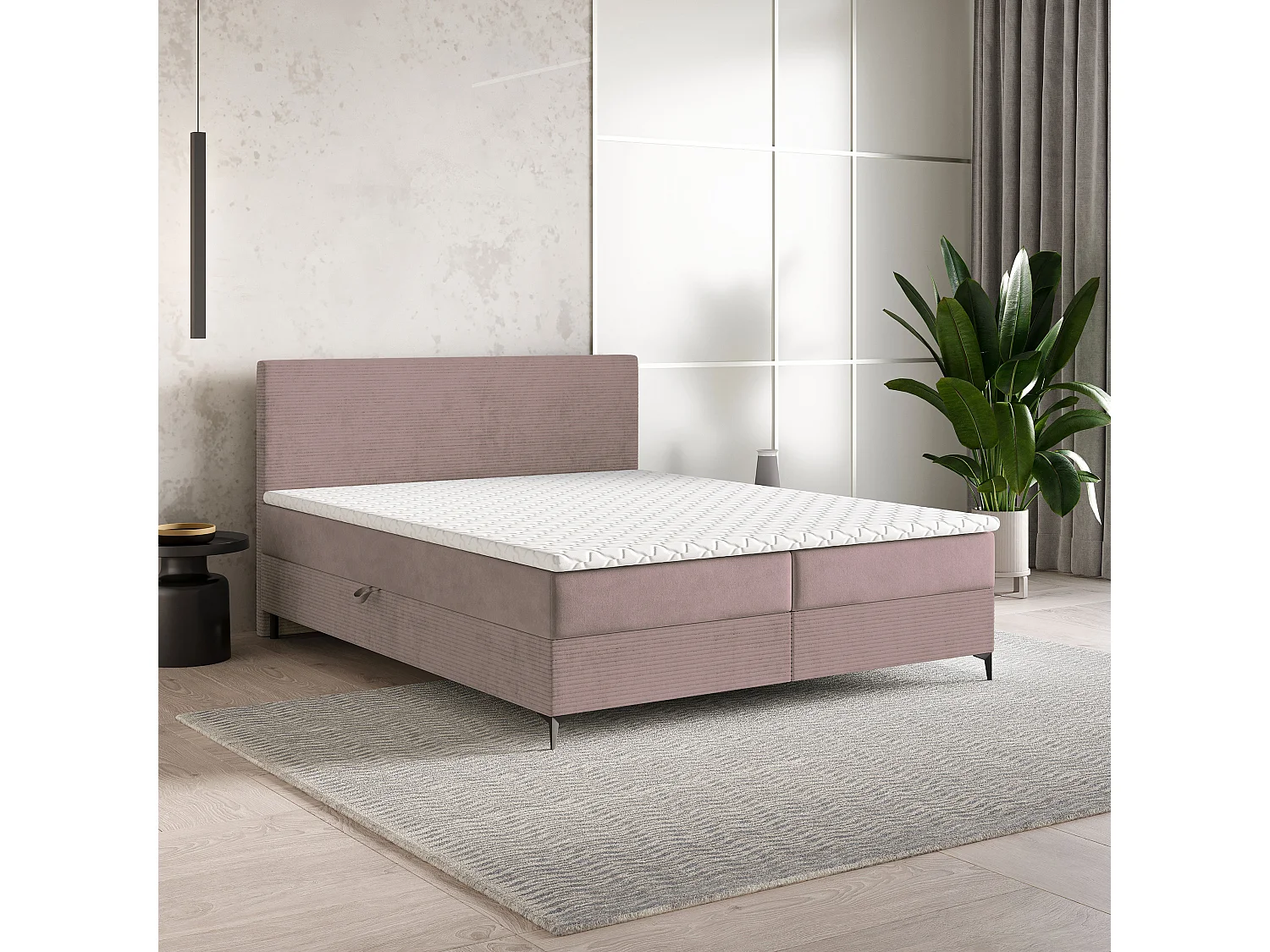 Lit continental TORREL, 160x200 cm, Tissu pelucheux, Rose