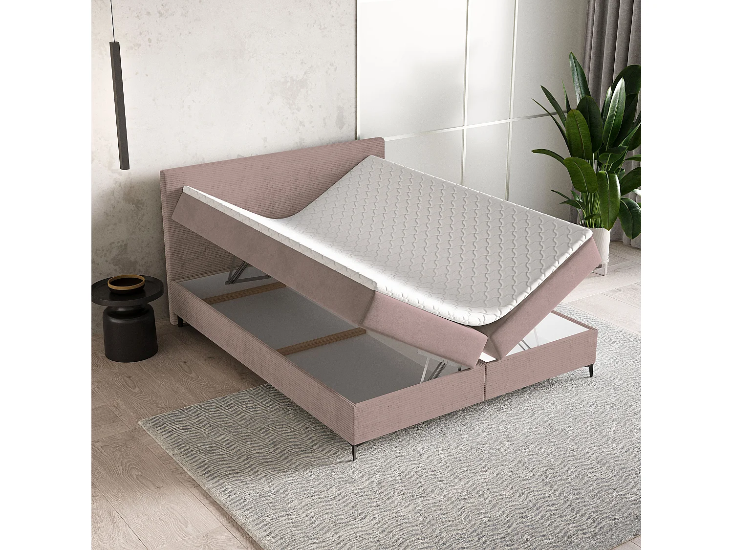 Lit continental TORREL, 160x200 cm, Tissu pelucheux, Rose