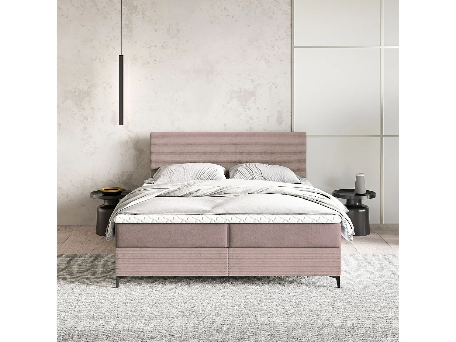 Lit continental TORREL, 160x200 cm, Tissu pelucheux, Rose