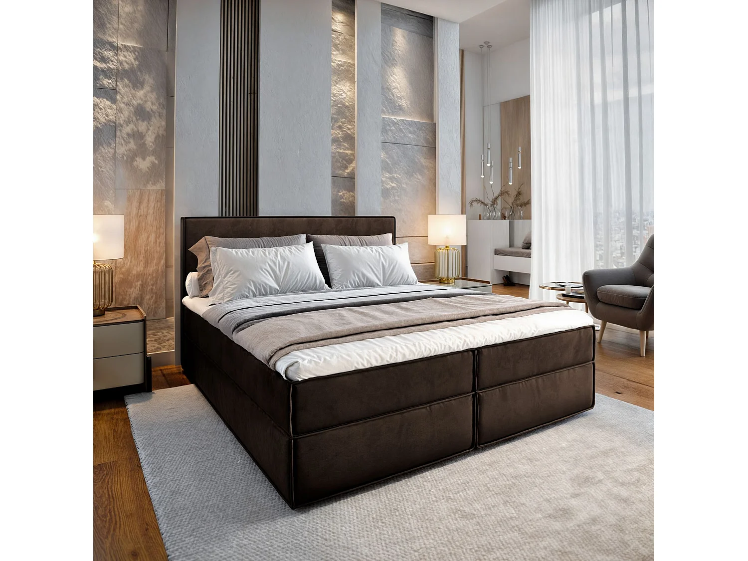 Lit continental PELLIO, 140x200 cm, Tissu velours, Marron