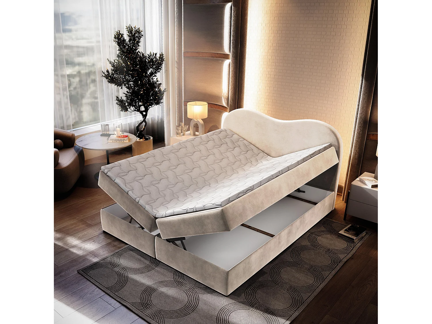 Lit continental FLUVIA, 180x200 cm, Tissu velours, Couleur crème