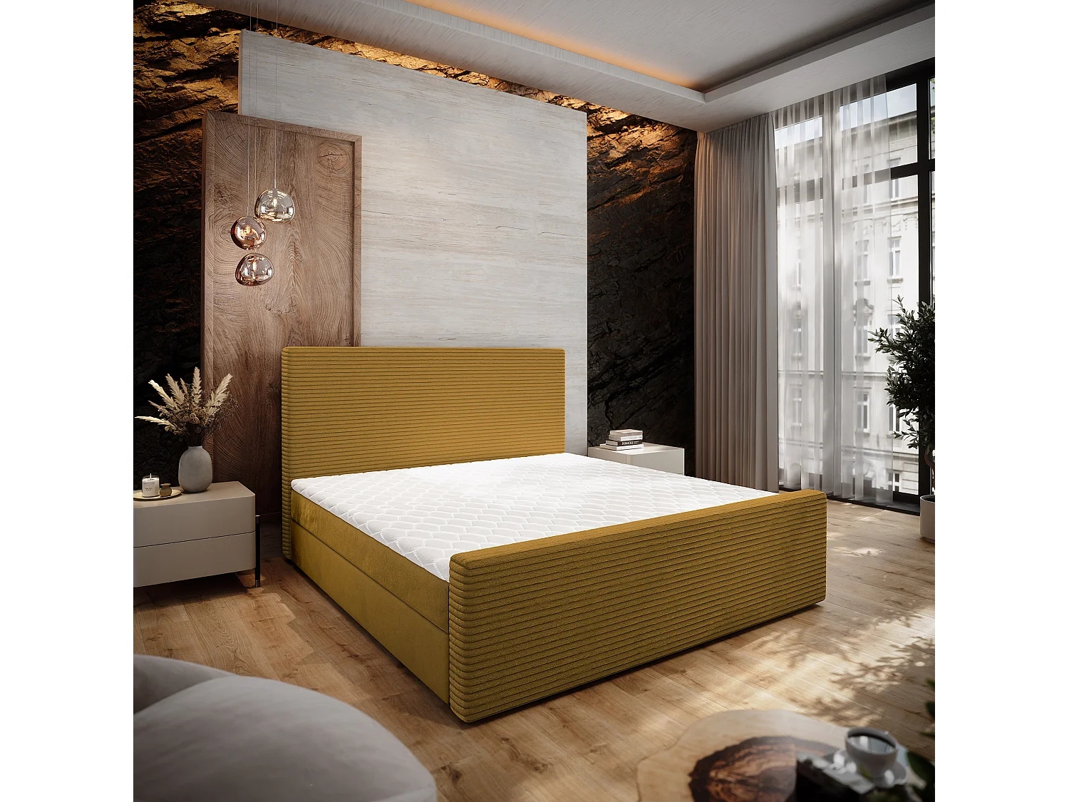 Lit continental ALORIA, 180x200 cm, Tissu pelucheux, Jaune