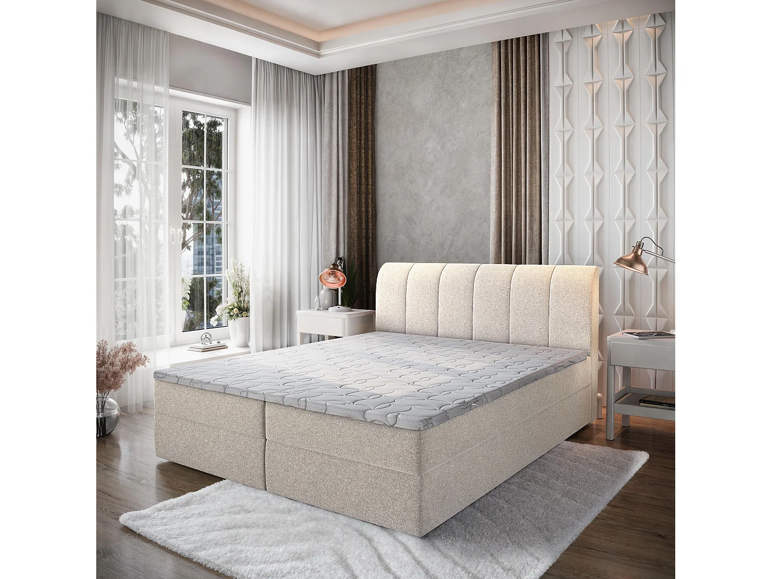 Boxspringbed CEVANO 180x200 cm Set met hoofdbord, bedbodem en matras, Beige