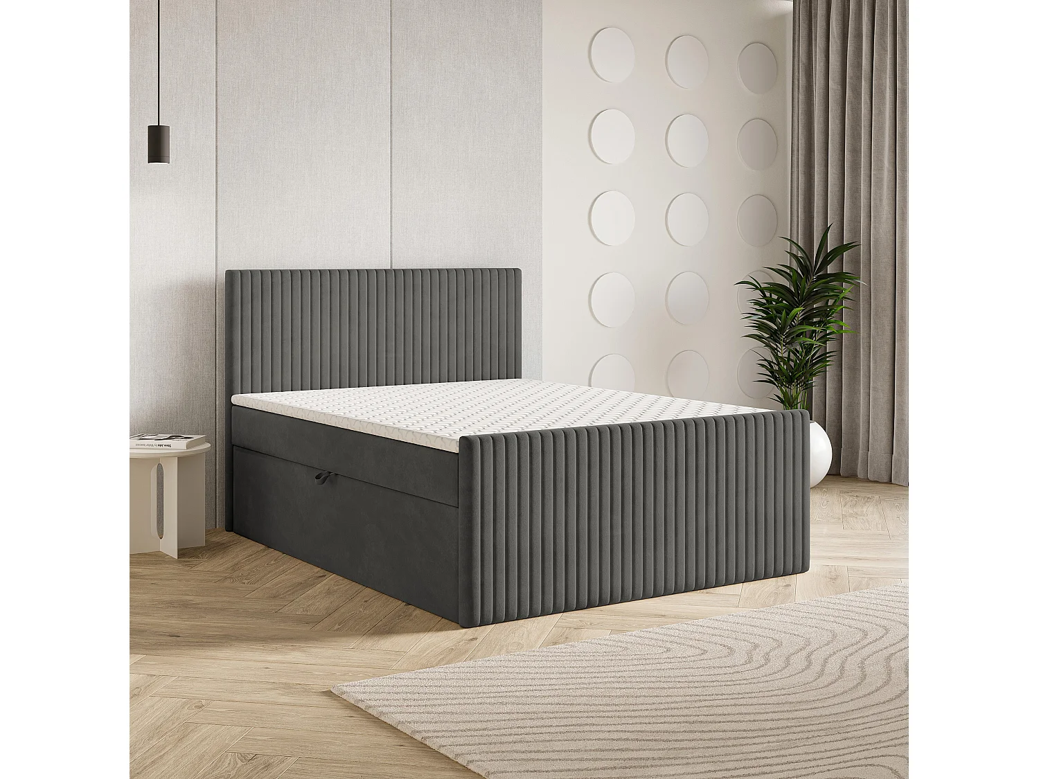Lit continental TERVAN, 160x200 cm, Tissu pelucheux, Gris