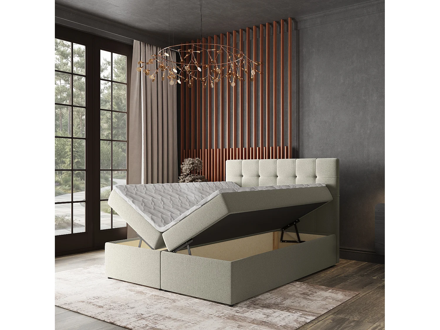 Lit continental PALMA, 160x200 cm, Tissu tressé, Couleur crème