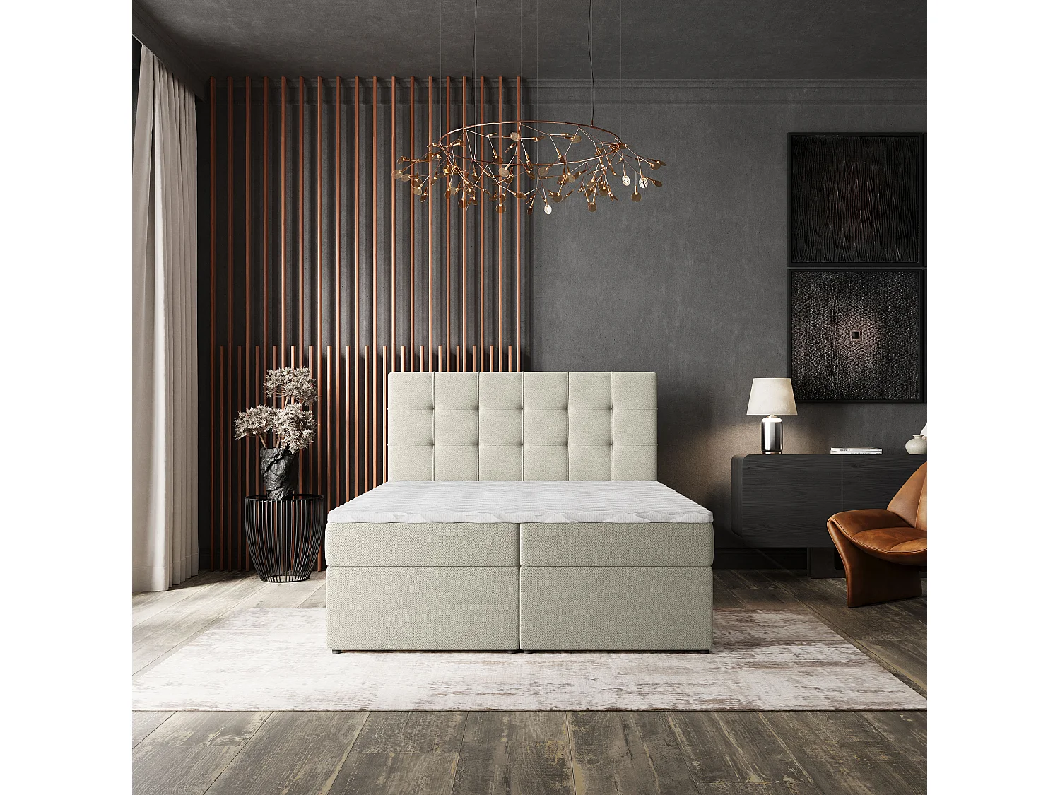 Lit continental PALMA, 160x200 cm, Tissu tressé, Couleur crème
