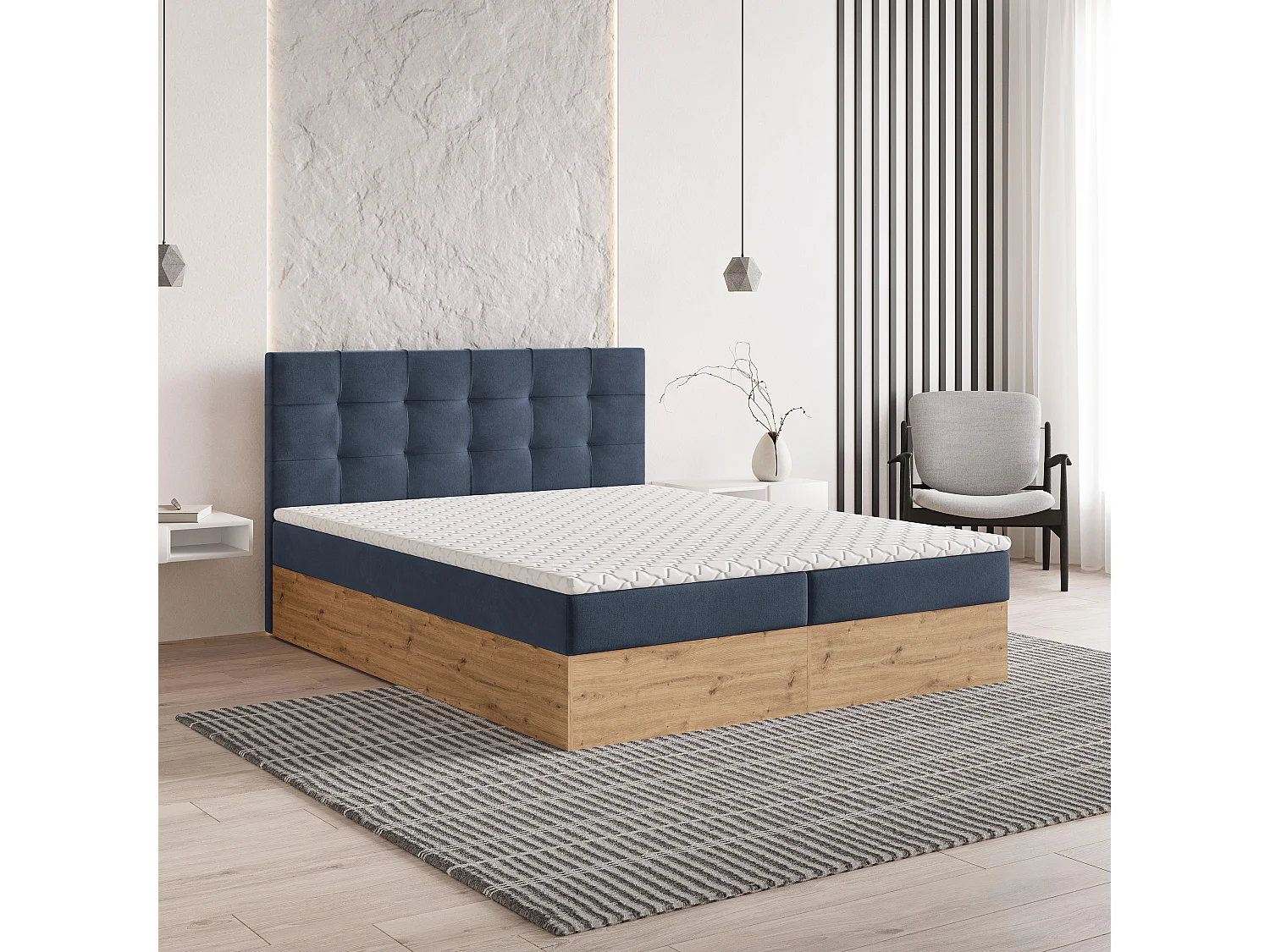 Lit continental MOLVEN, 180x200 cm, Tissu tressé, Bleu