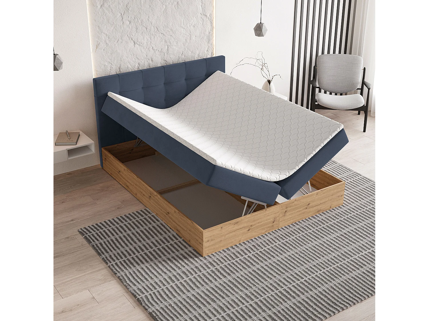 Lit continental MOLVEN, 180x200 cm, Tissu tressé, Bleu
