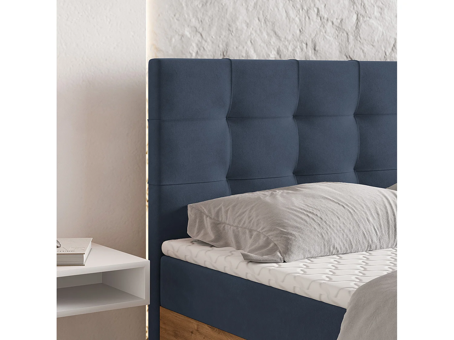 Lit continental MOLVEN, 180x200 cm, Tissu tressé, Bleu