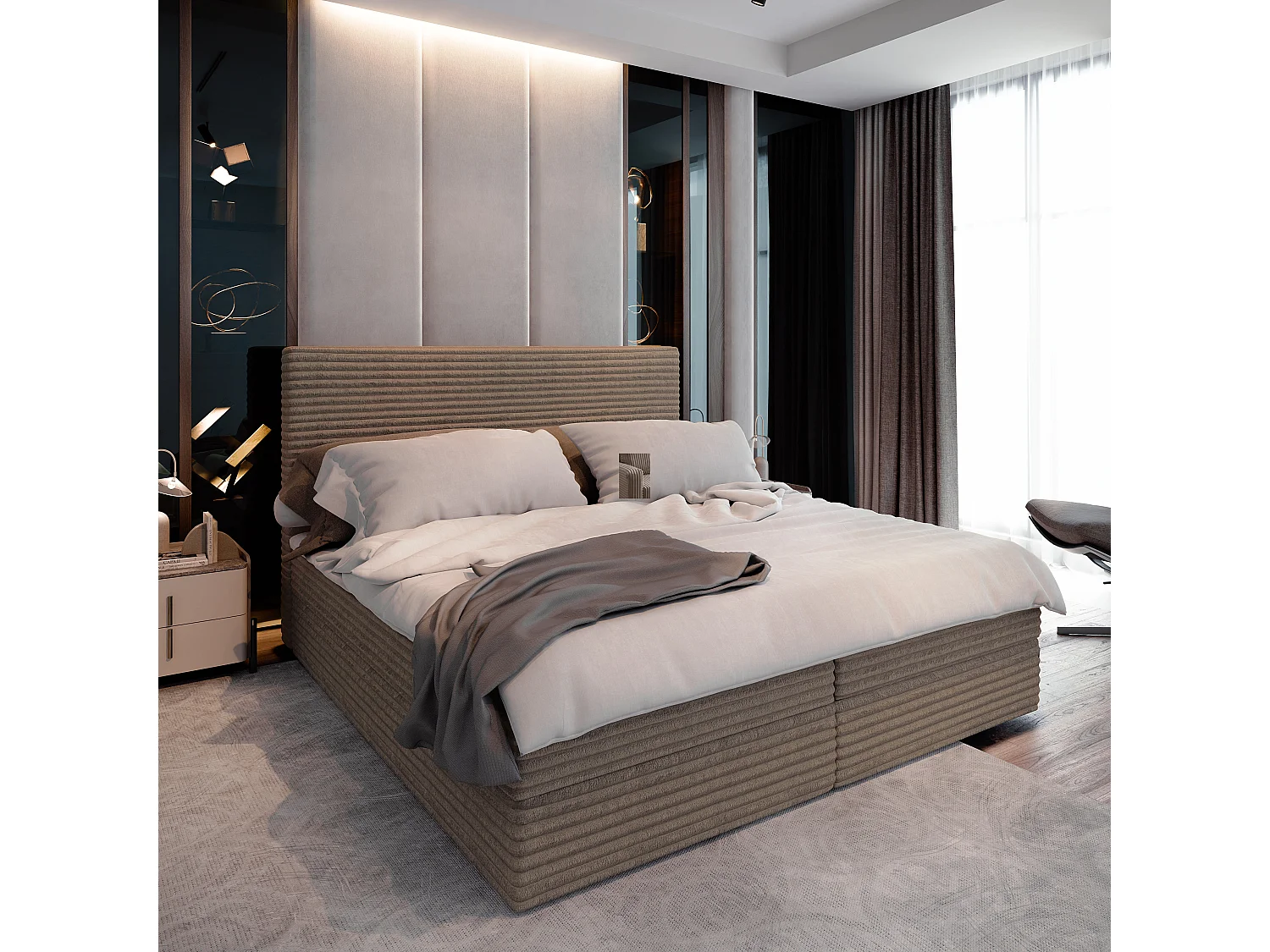 Lit continental PISA, 180x200 cm, Tissu en velours côtelé, Marron
