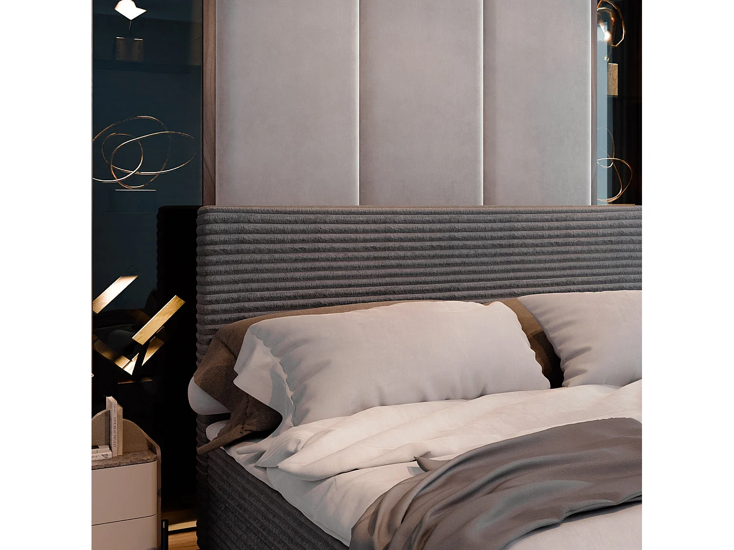 Lit continental PISA, 180x200 cm, Tissu en velours côtelé, Marron