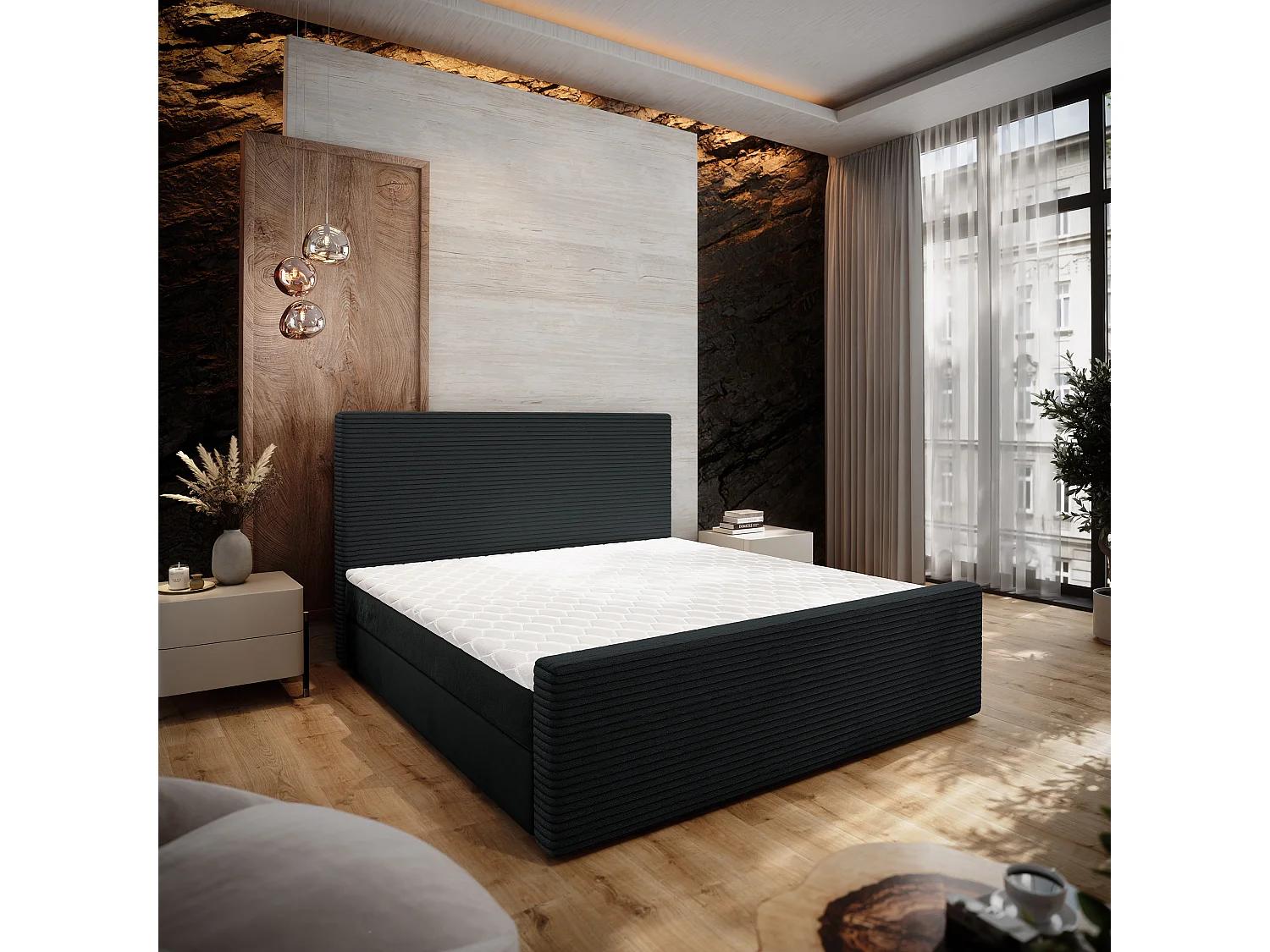 Lit continental ALORIA, 180x200 cm, Tissu pelucheux, Noir