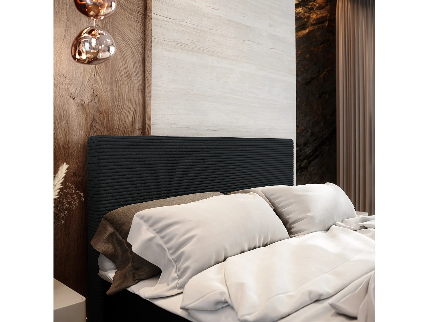Lit continental ALORIA, 180x200 cm, Tissu pelucheux, Noir
