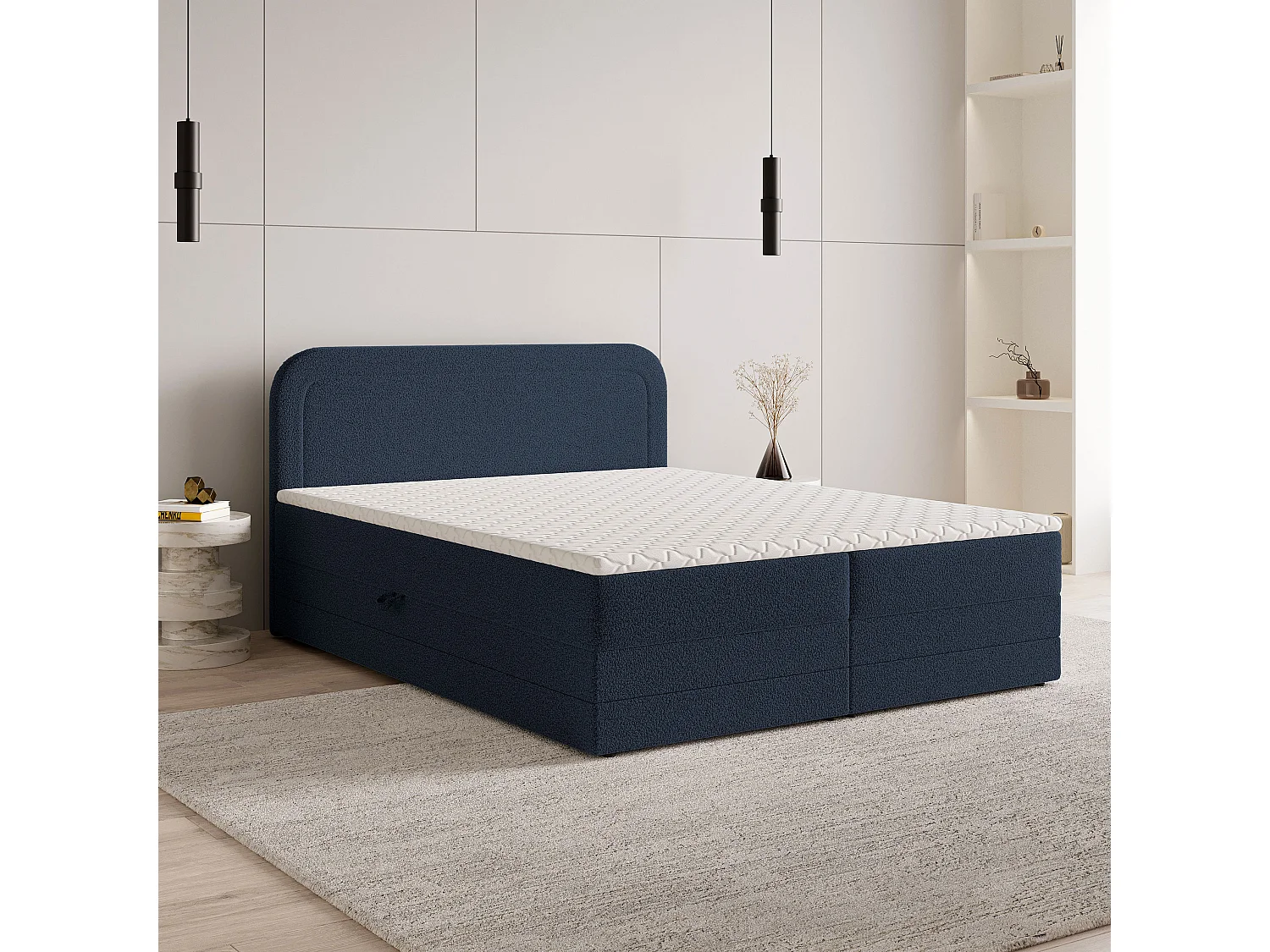 Lit continental ARMEL, 160x200 cm, Tissu bouclé, Bleu