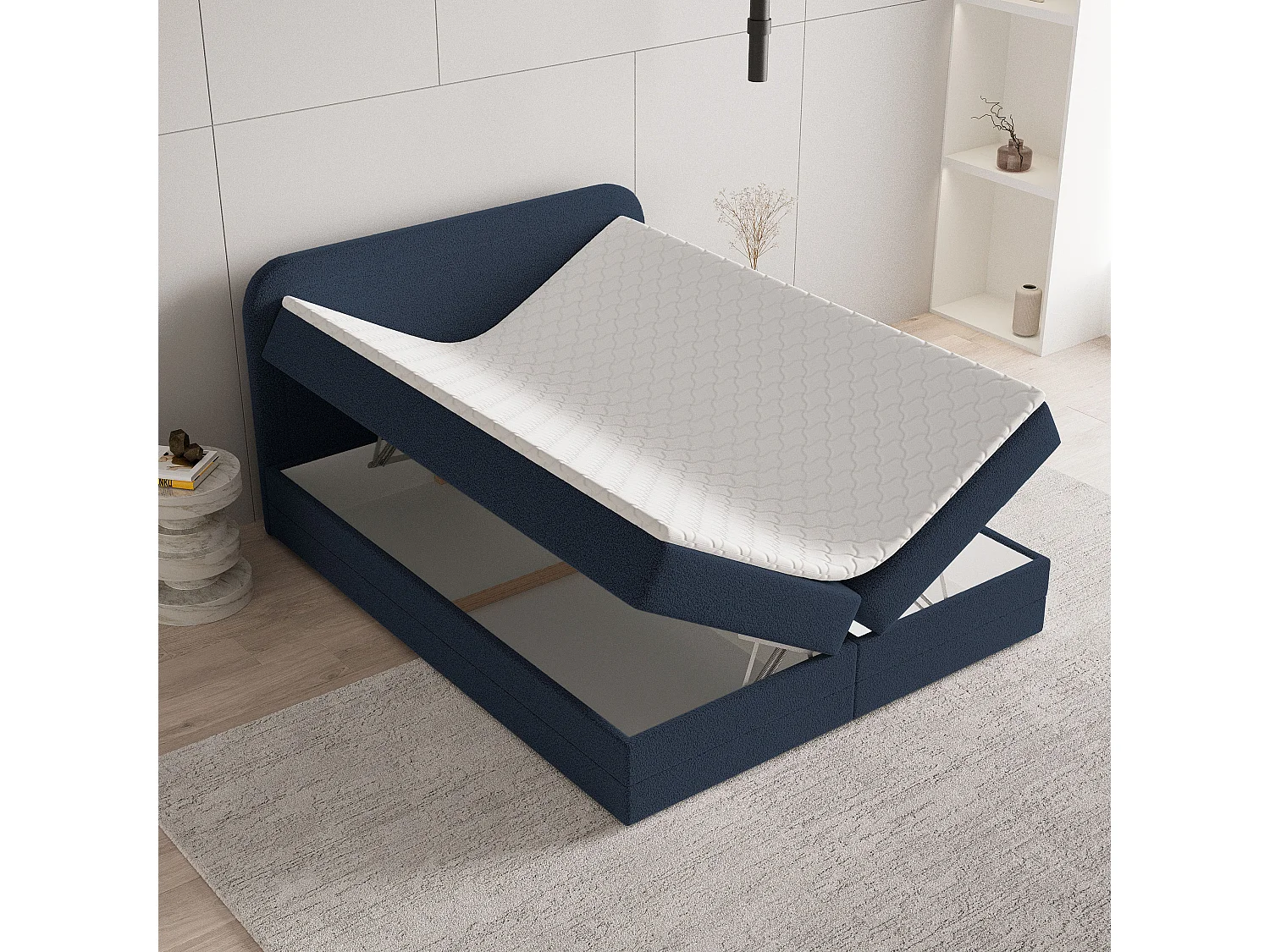 Lit continental ARMEL, 160x200 cm, Tissu bouclé, Bleu