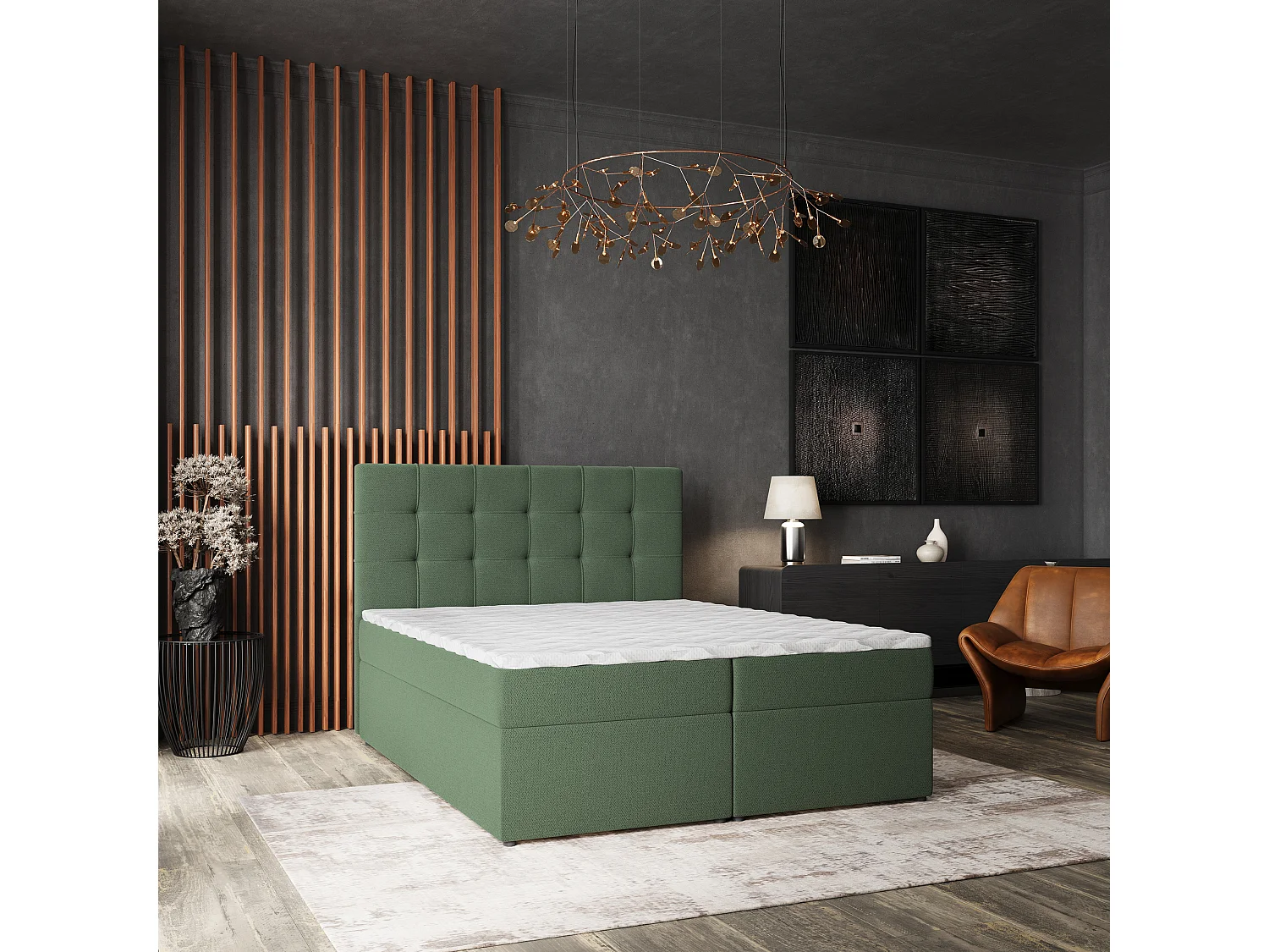 Lit continental PALMA, 160x200 cm, Tissu tressé, Vert