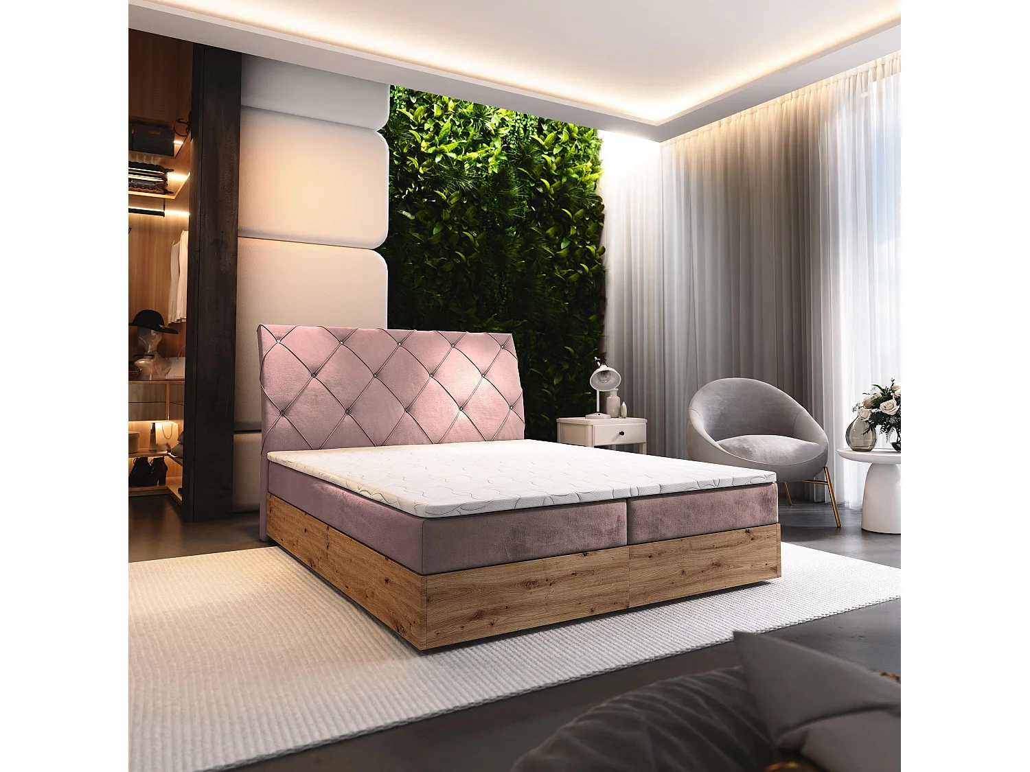 Lit continental VELLANO, 160x200 cm, Tissu pelucheux, Rose