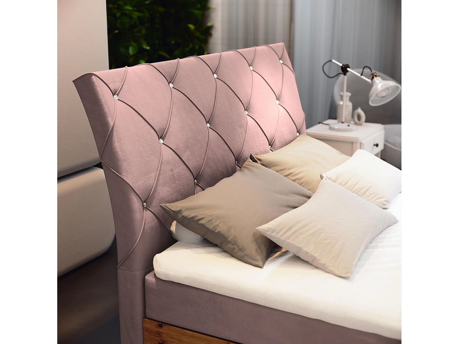 Lit continental VELLANO, 160x200 cm, Tissu pelucheux, Rose