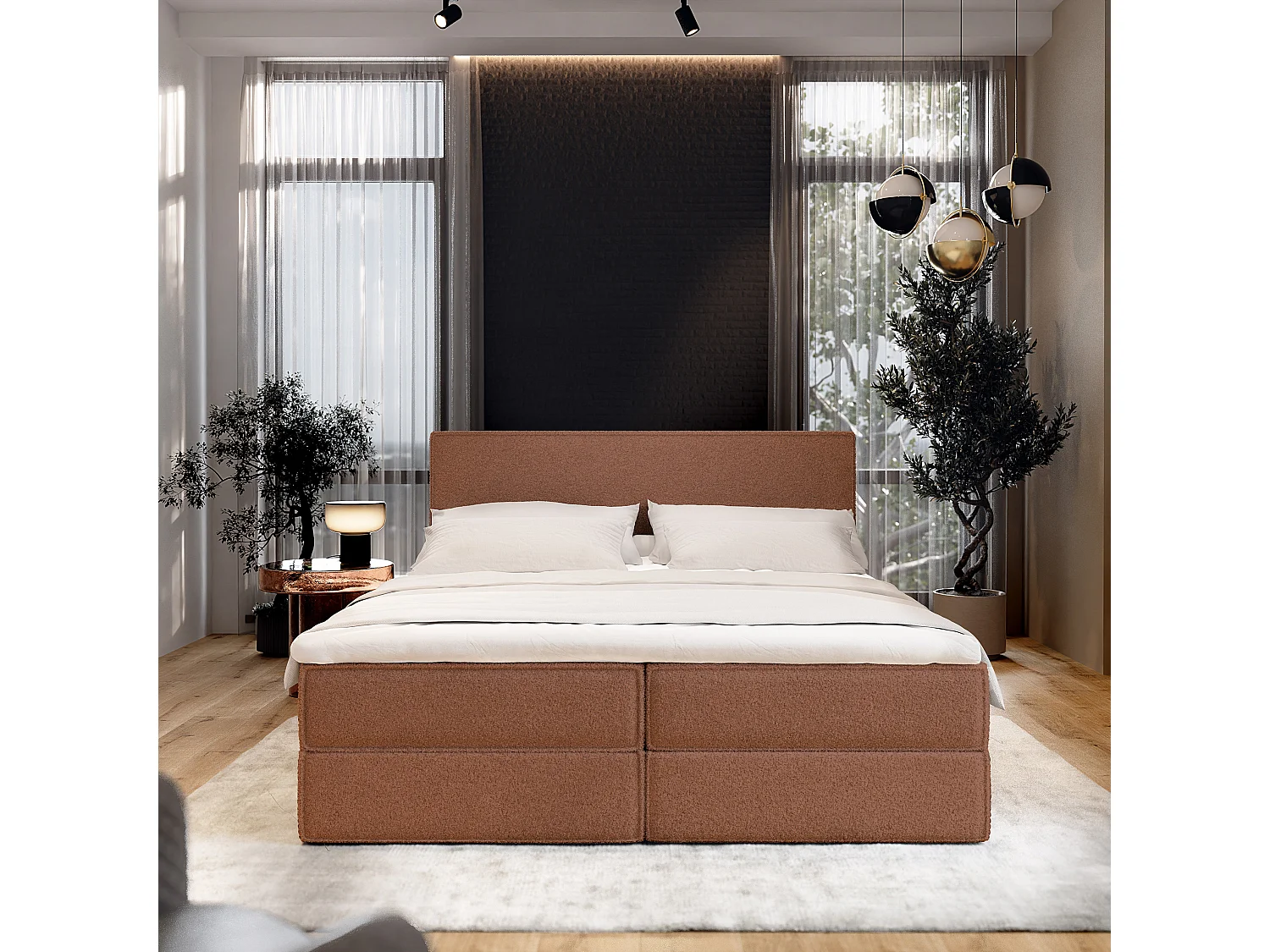 Lit continental PELLIO, 140x200 cm, Tissu bouclé, Couleur cuivre
