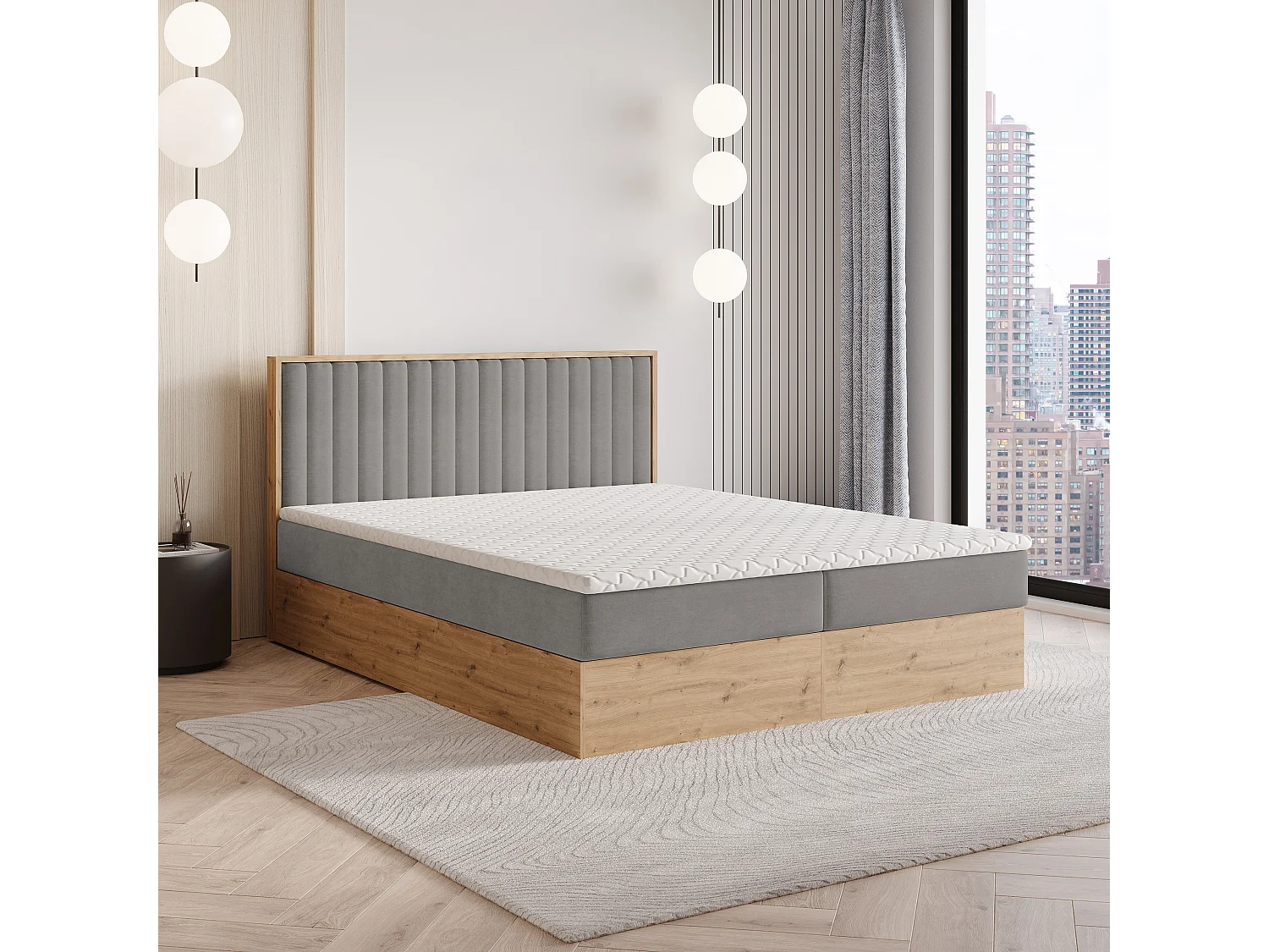 Lit continental VARELI, 140x200 cm, Tissu tressé, Gris
