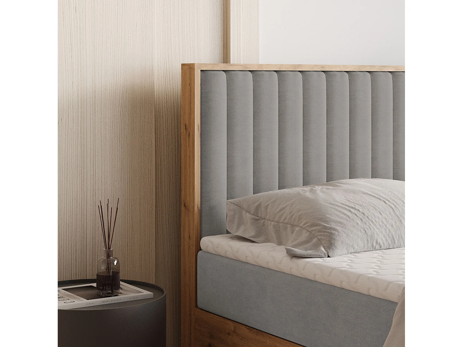 Lit continental VARELI, 140x200 cm, Tissu tressé, Gris