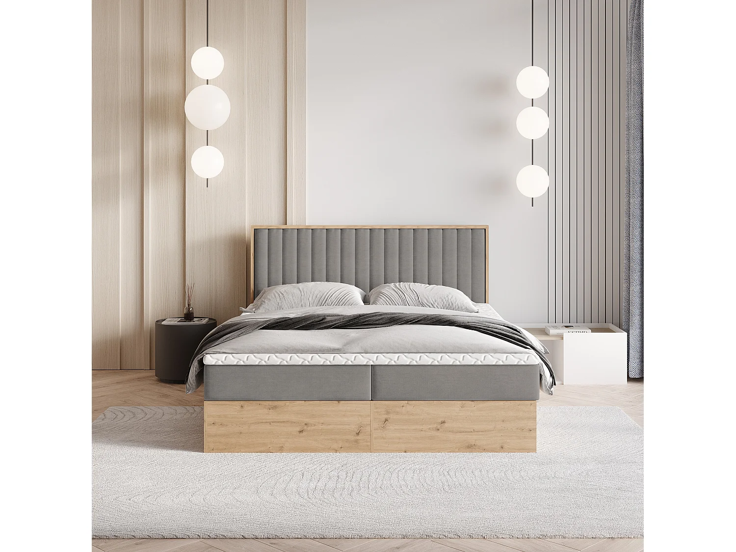 Lit continental VARELI, 140x200 cm, Tissu tressé, Gris