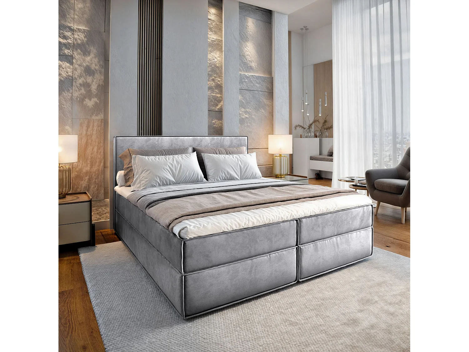 Lit continental PELLIO, 140x200 cm, Tissu velours, Gris clair