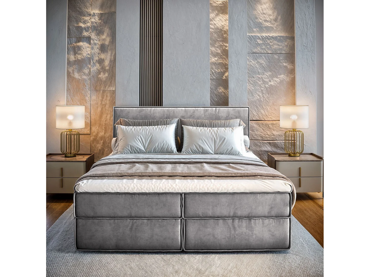 Lit continental PELLIO, 140x200 cm, Tissu velours, Gris clair