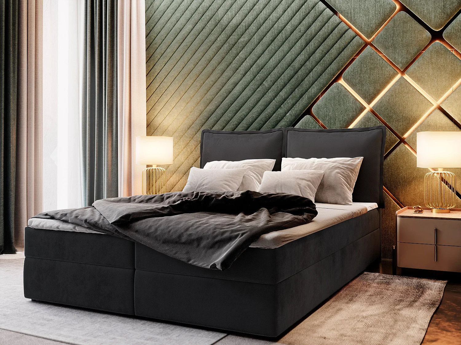 Boxspringbed LENTE 140x200 cm Set met hoofdbord, bedbodem en matras, Zwart
