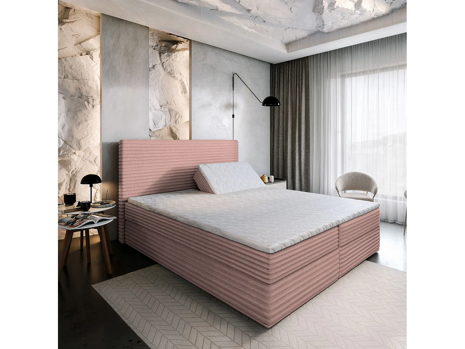 Boxspringbed MILARA 160x200 cm Set met hoofdbord, bedbodem en matras, Poederroze