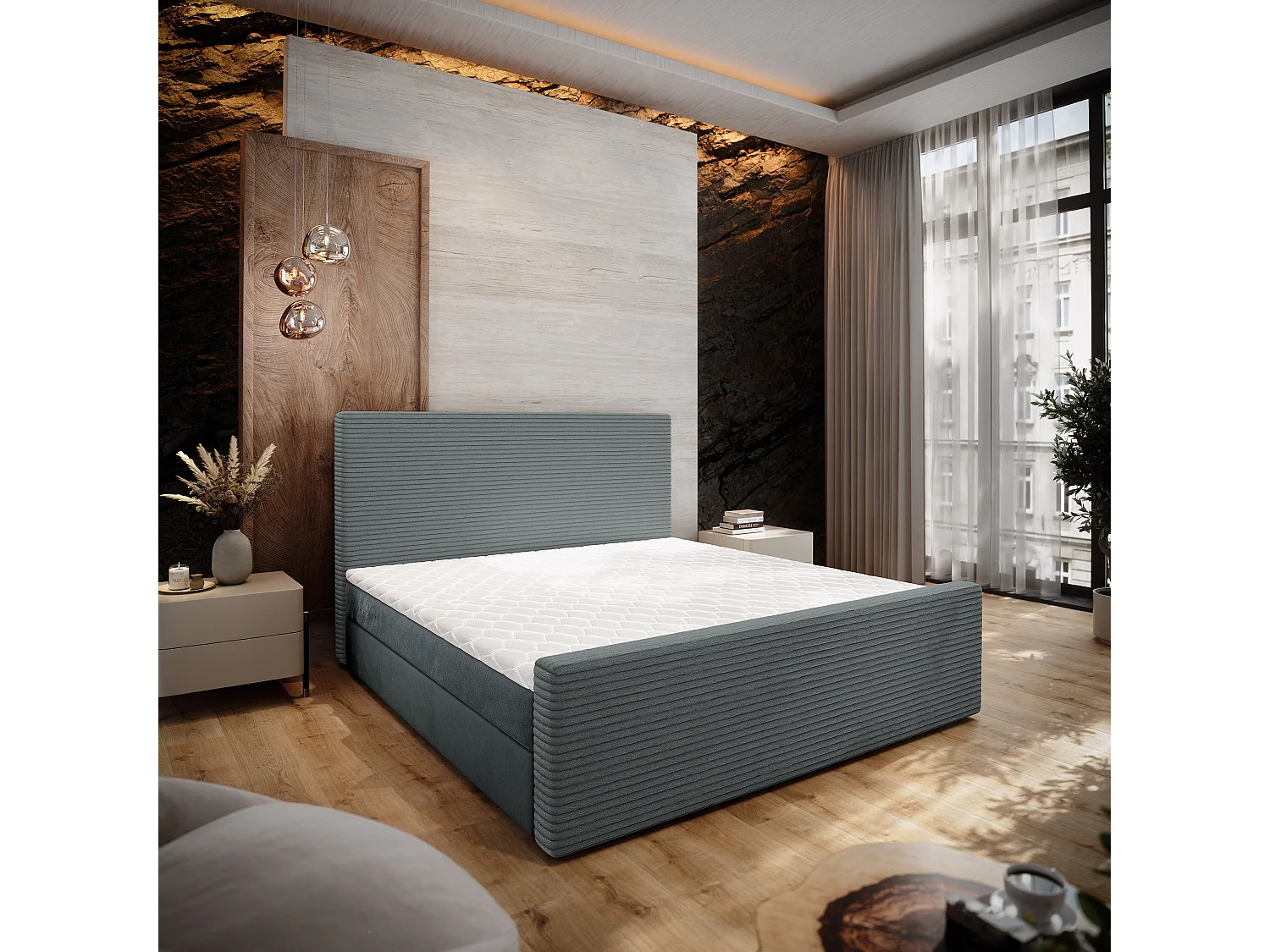 Lit continental ALORIA, 140x200 cm, Tissu pelucheux, Gris