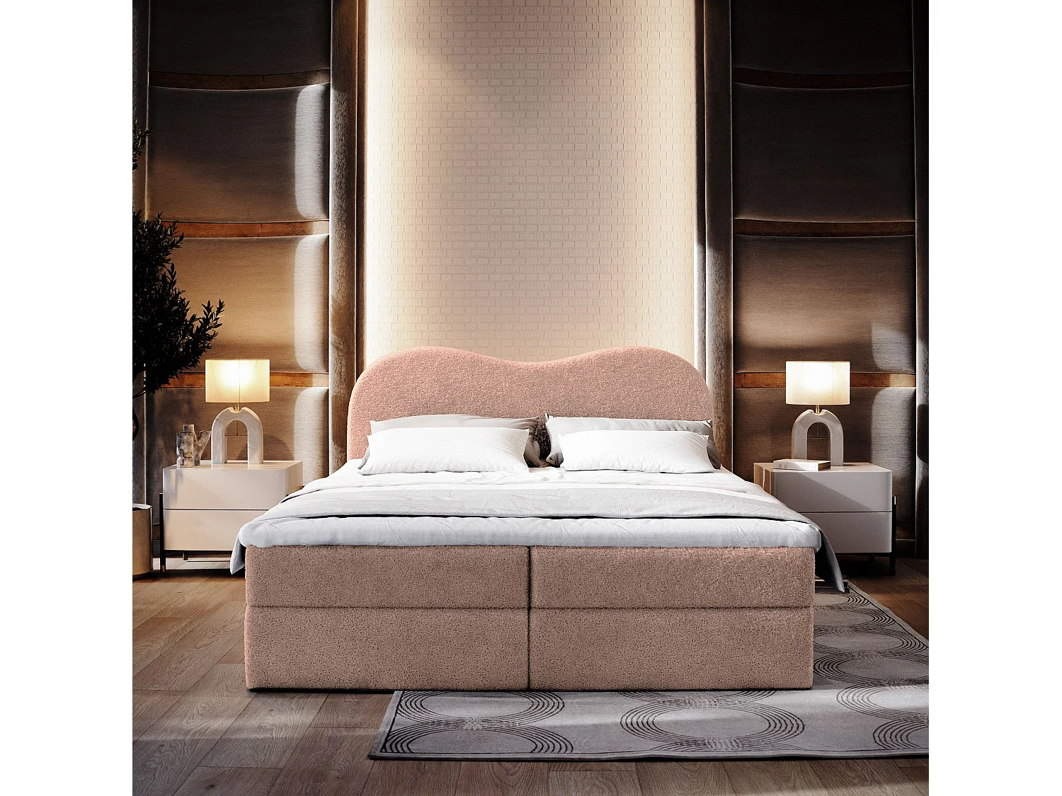 Lit continental FLUVIA, 180x200 cm, Tissu bouclé, Rose