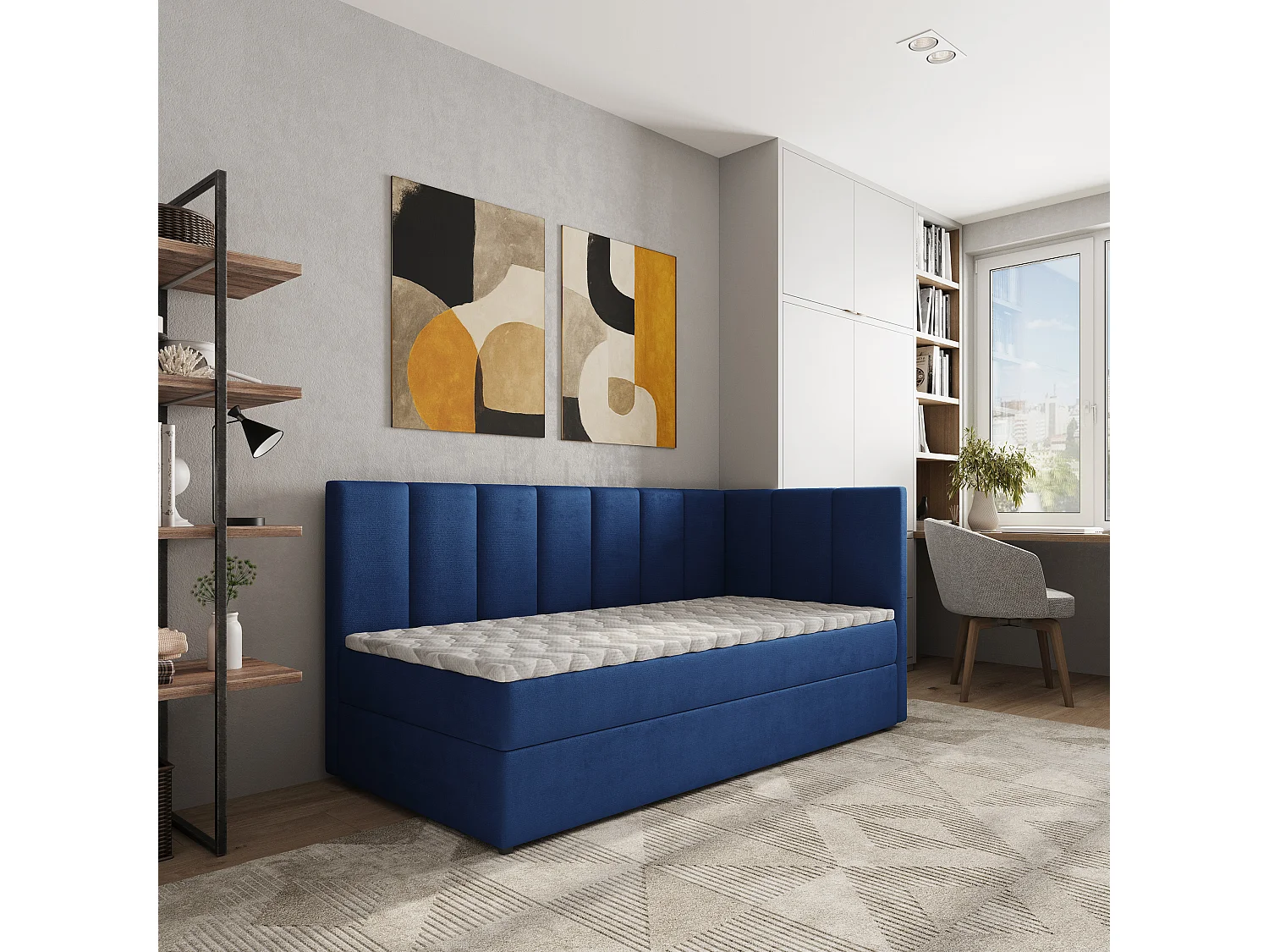Boxspringbed BEVE 100x200 cm Set met hoofdbord, bedbodem en matras, Blauw