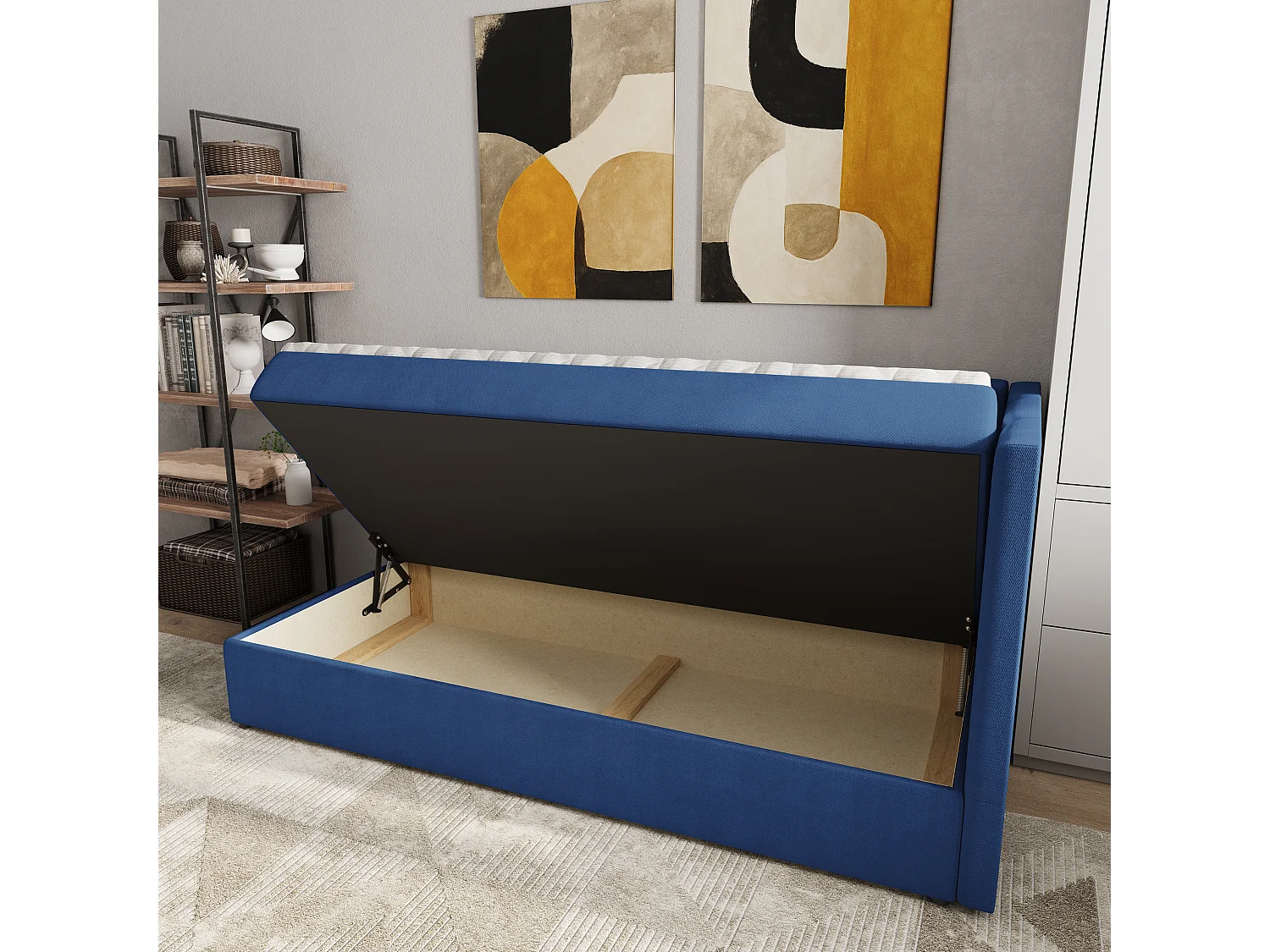 Boxspringbed BEVE 100x200 cm Set met hoofdbord, bedbodem en matras, Blauw