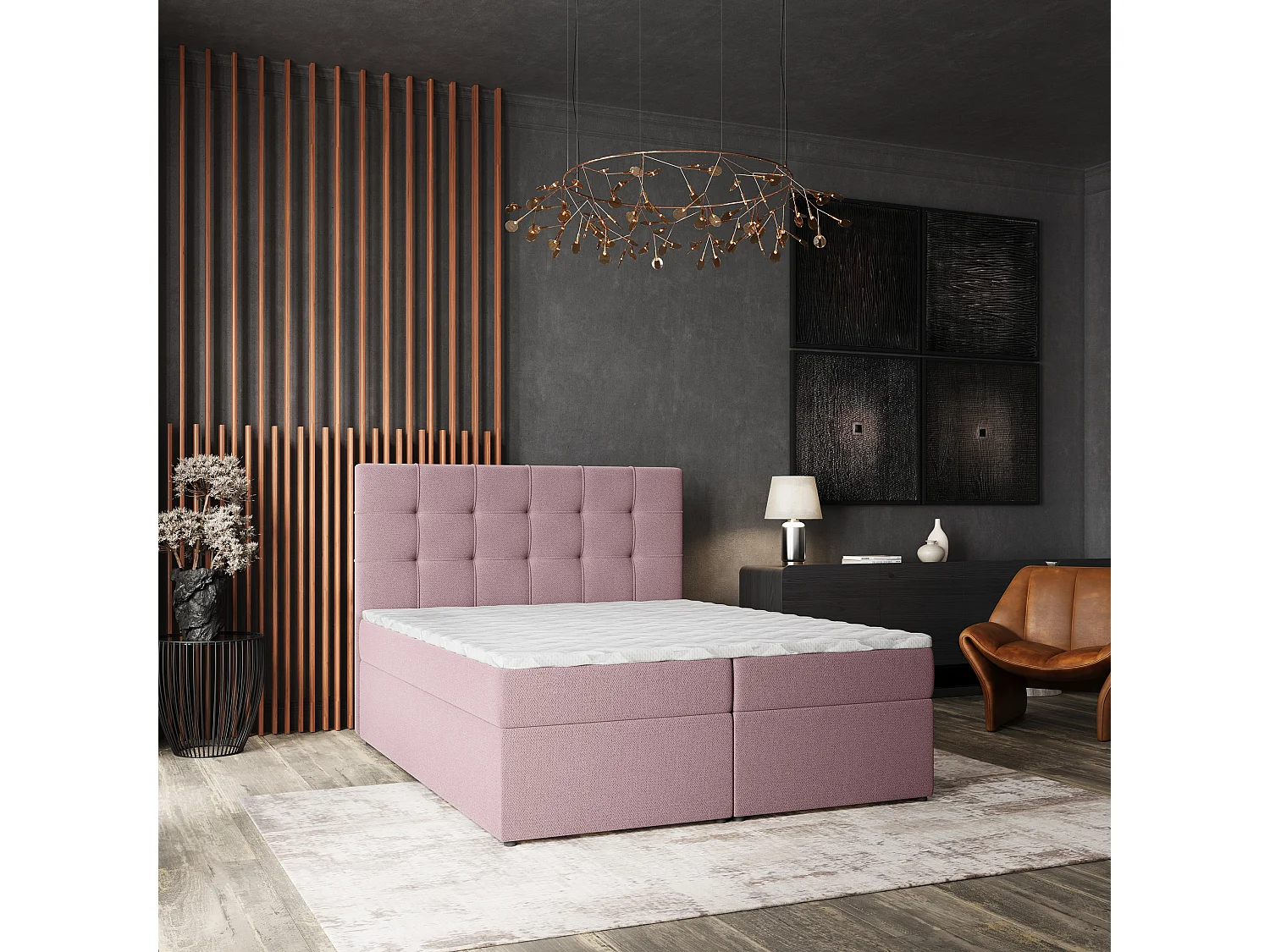 Lit continental PALMA, 160x200 cm, Tissu tressé, Rose