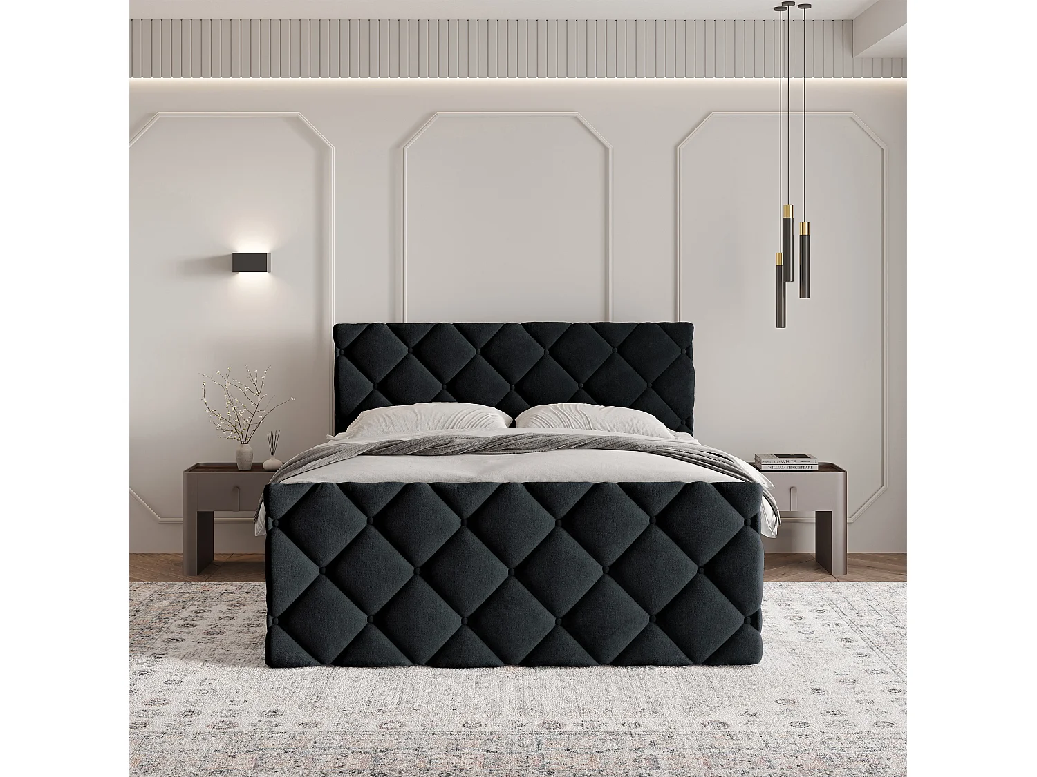 Lit continental ROVARI, 160x200 cm, Tissu pelucheux, Noir