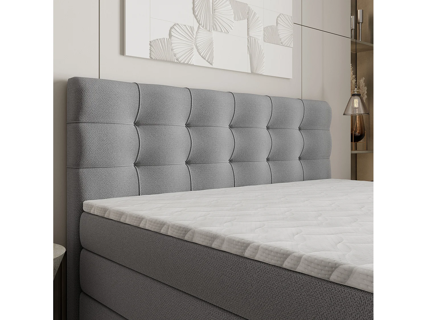 Lit continental AREZI, 180x200 cm, Tissu tressé, Gris