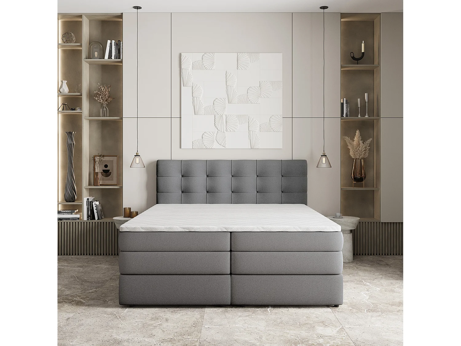 Lit continental AREZI, 180x200 cm, Tissu tressé, Gris