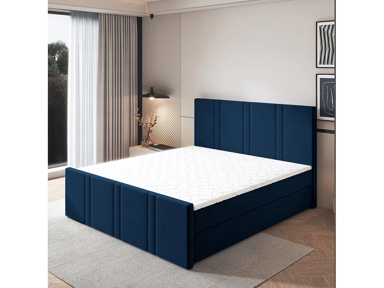 Lit continental COMOZA, 180x200 cm, Tissu pelucheux, Bleu